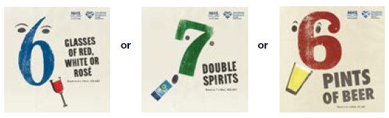 Count 14 campaign materials which provide details on how many drinks a person can safely consume over a week.